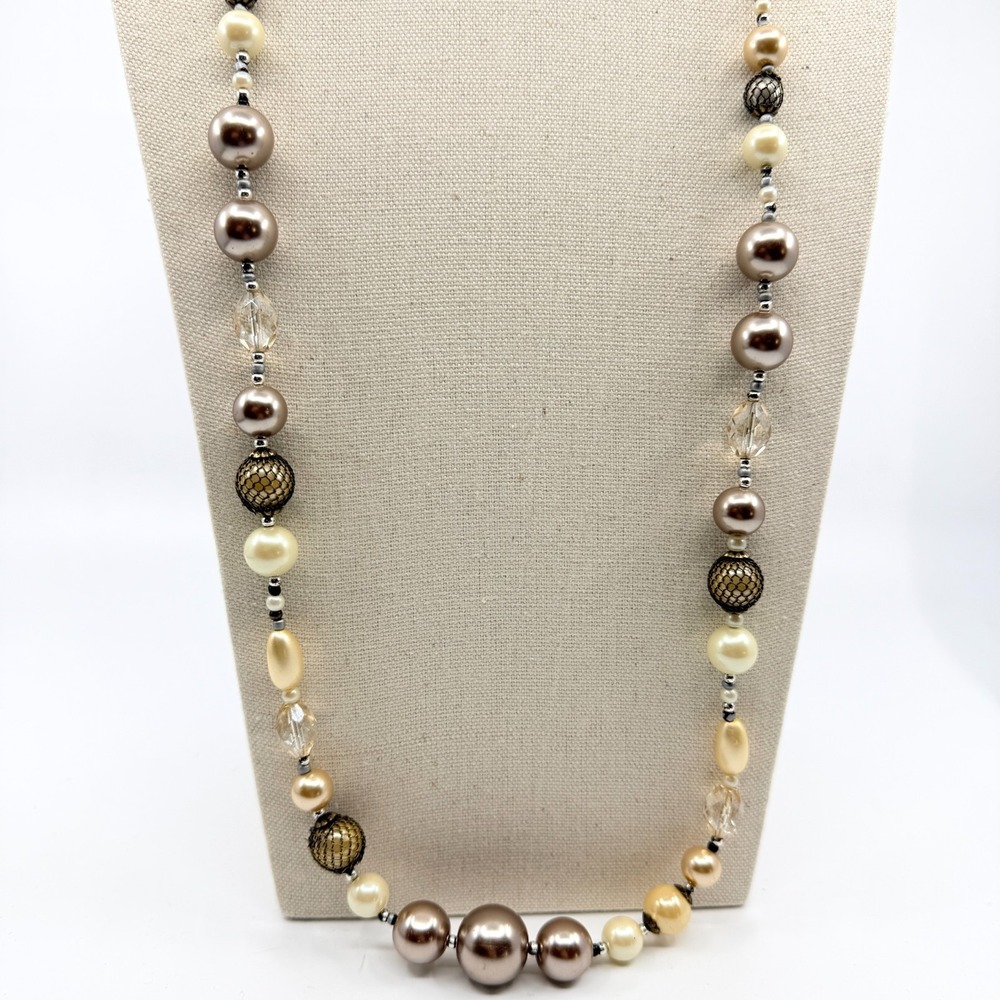 Vintage Y2K Faux Pearl Beaded Necklace Multi Strand Style Champagne Bronze Gray